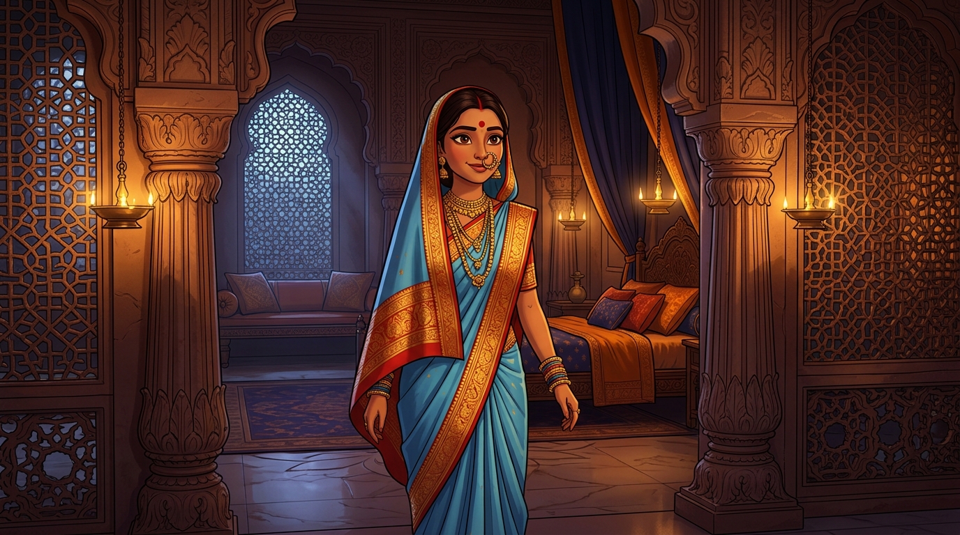 Prabhavati returning peacefully to her bedchamber, virtue preserved for Night 7