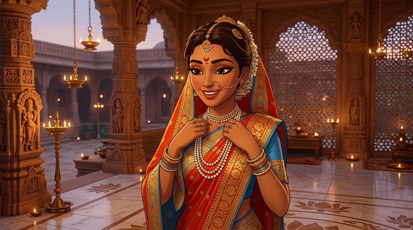 Prabhavati in vermilion silk clasping the pearls around her neck by candlelight
