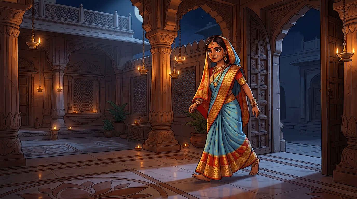 Prabhavati stepping toward the courtyard gate with swift, confident steps under the moonlit sky