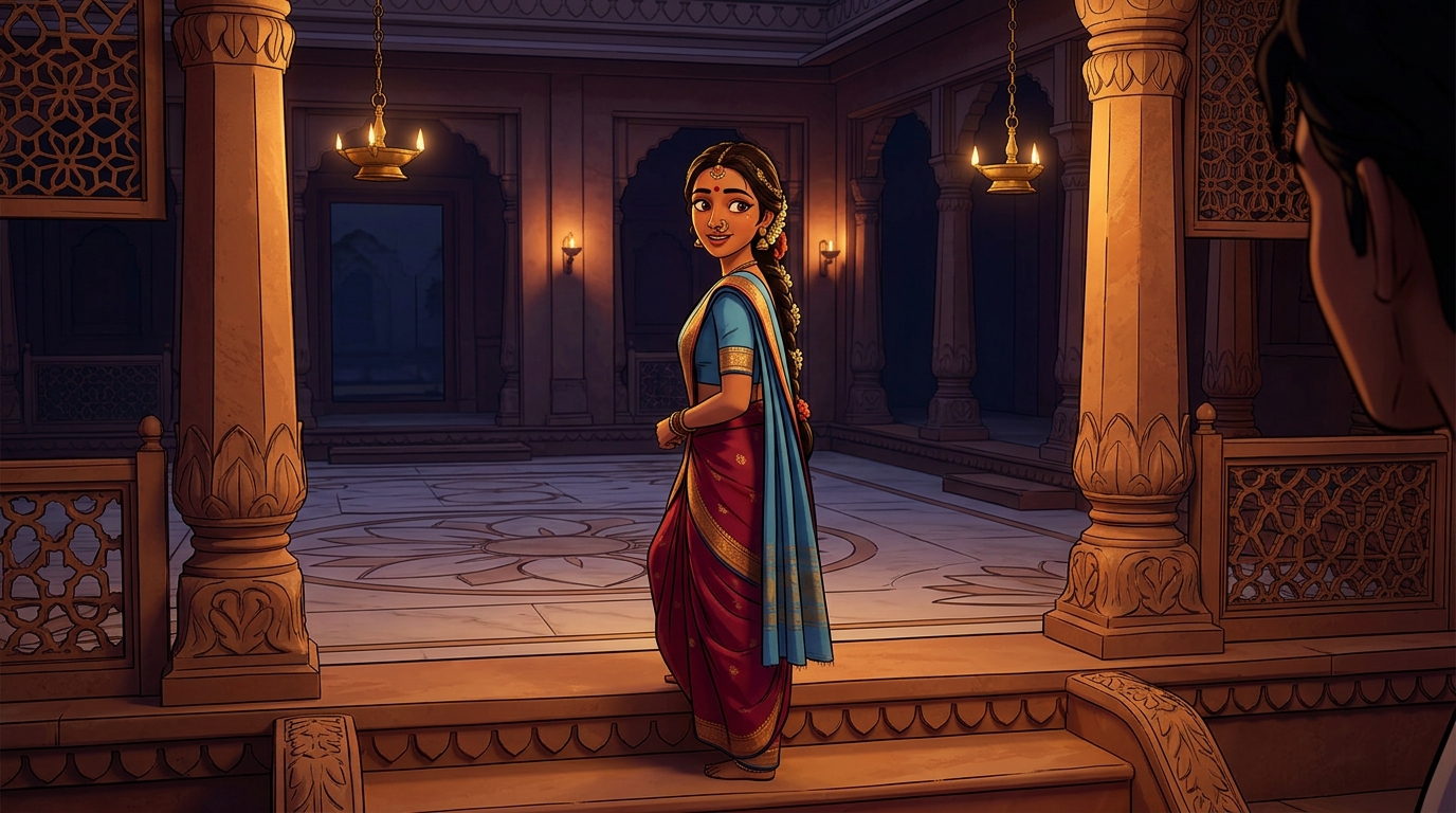Prabhavati pausing on the doorstep with an amused smile