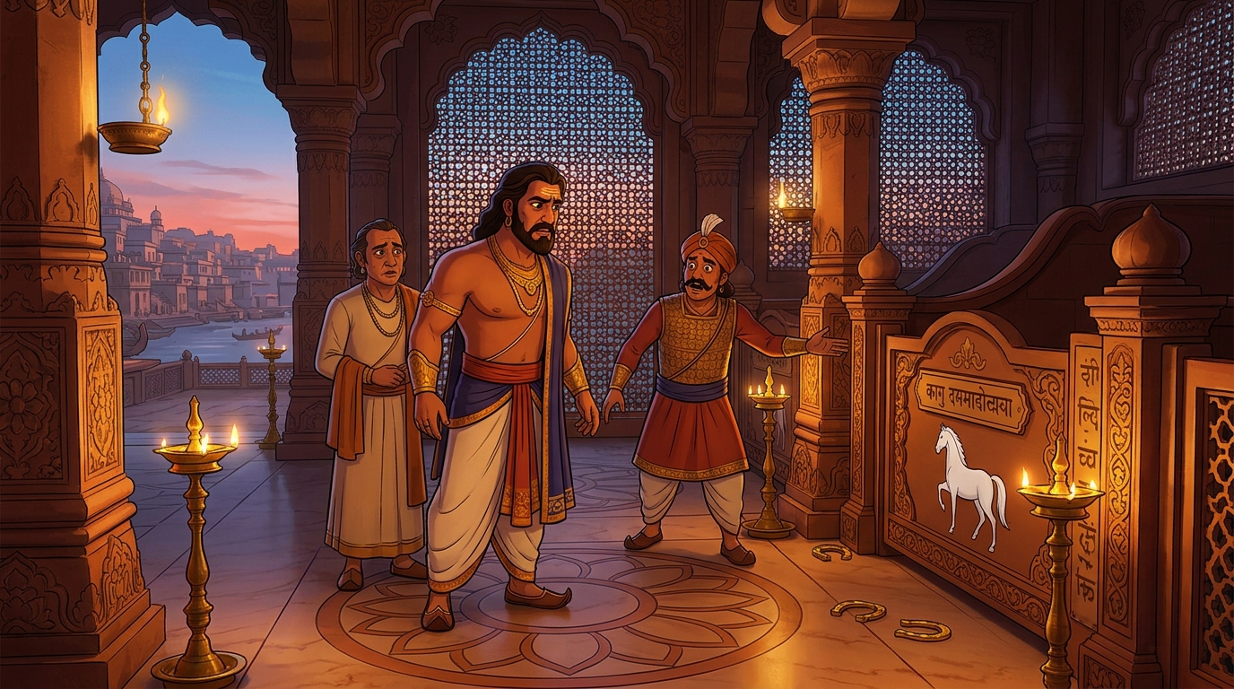 In the grand kingdom of Kanauj, King Dharmaditya's magnificent white warhorse stolen from the stables