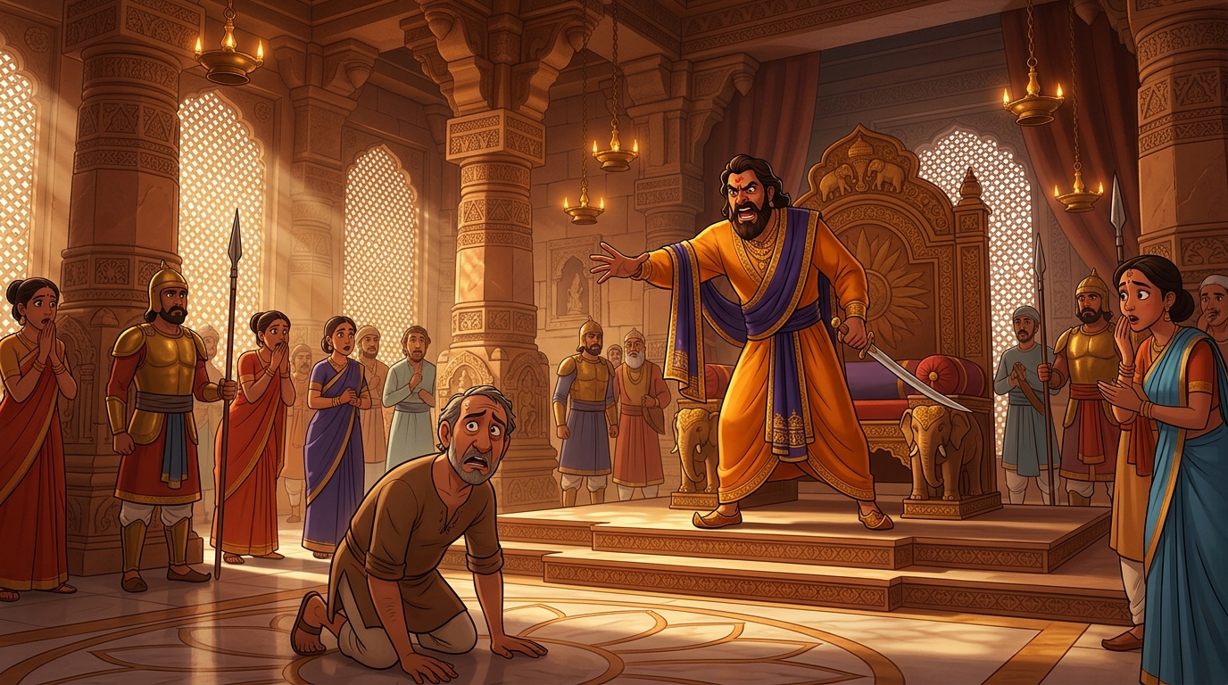 In the throne room, the furious King announces a reward of 1,000 gold dinars