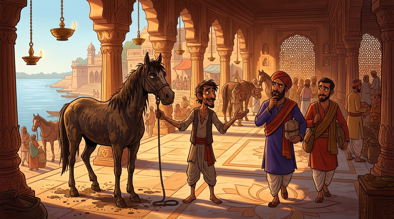 At the river ghat horse market, a shady horse trader selling a dirty muddy nag at a cheap price