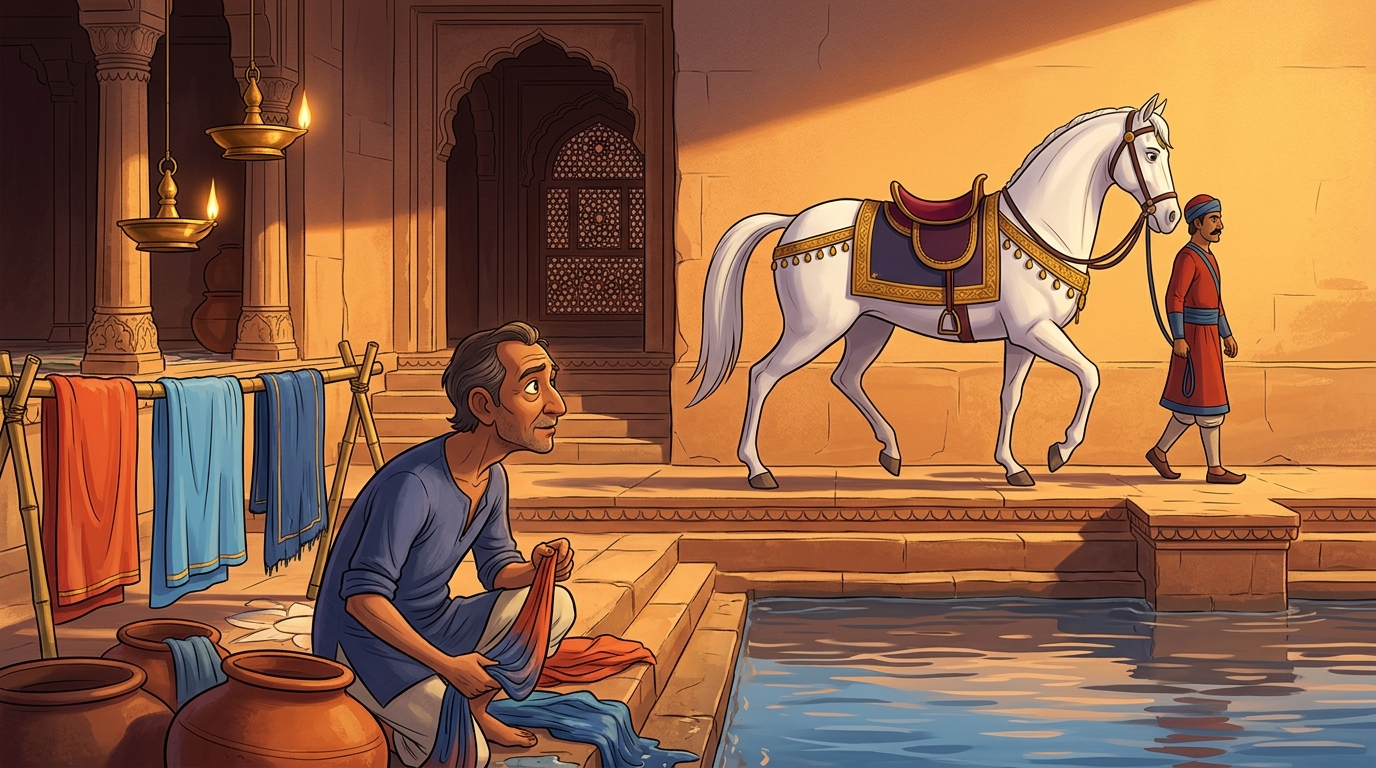 Humble washerman Jivaka washing royal silks at the riverbank, watching the horse closely