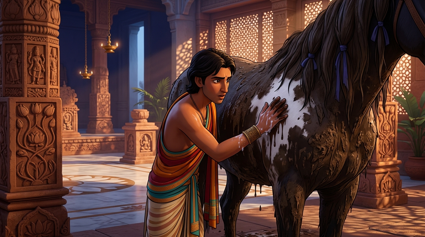 Jivaka touching the horse's flank, noticing dark dye coming off onto his wet soapy fingers