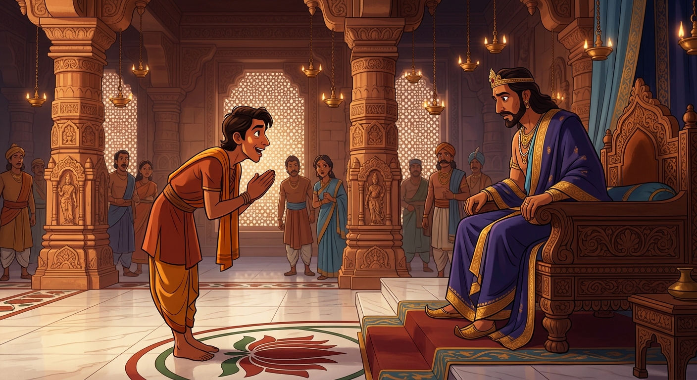 Jivaka hurrying to the royal palace, bowing before King Dharmaditya