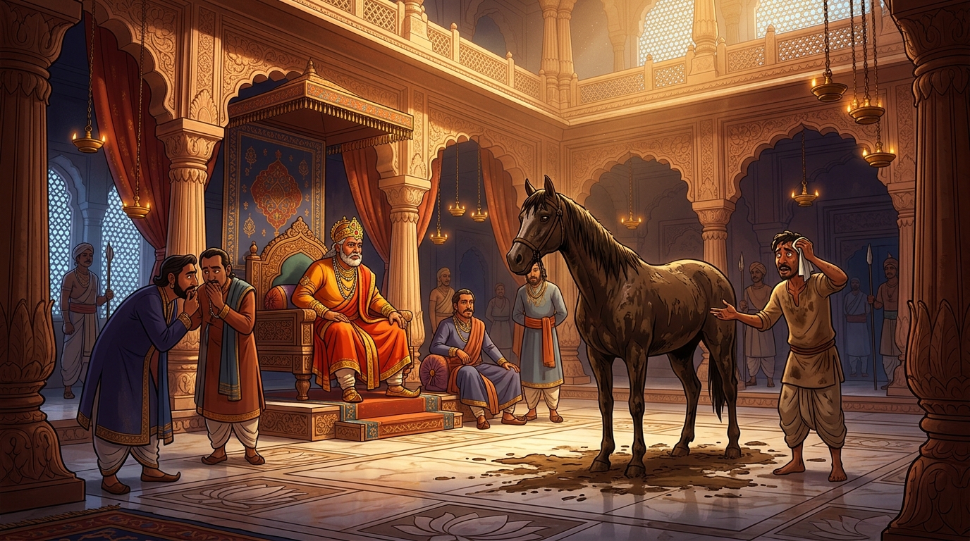 In the palace courtyard, the dark brown muddy horse brought into the center before the King and ministers