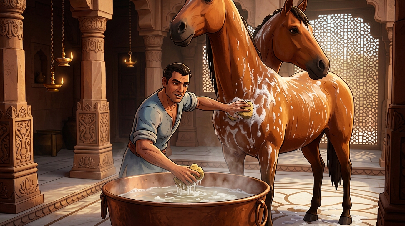 Washerman Jivaka dipping his herbal sponge into hot water and scrubbing the horse vigorously