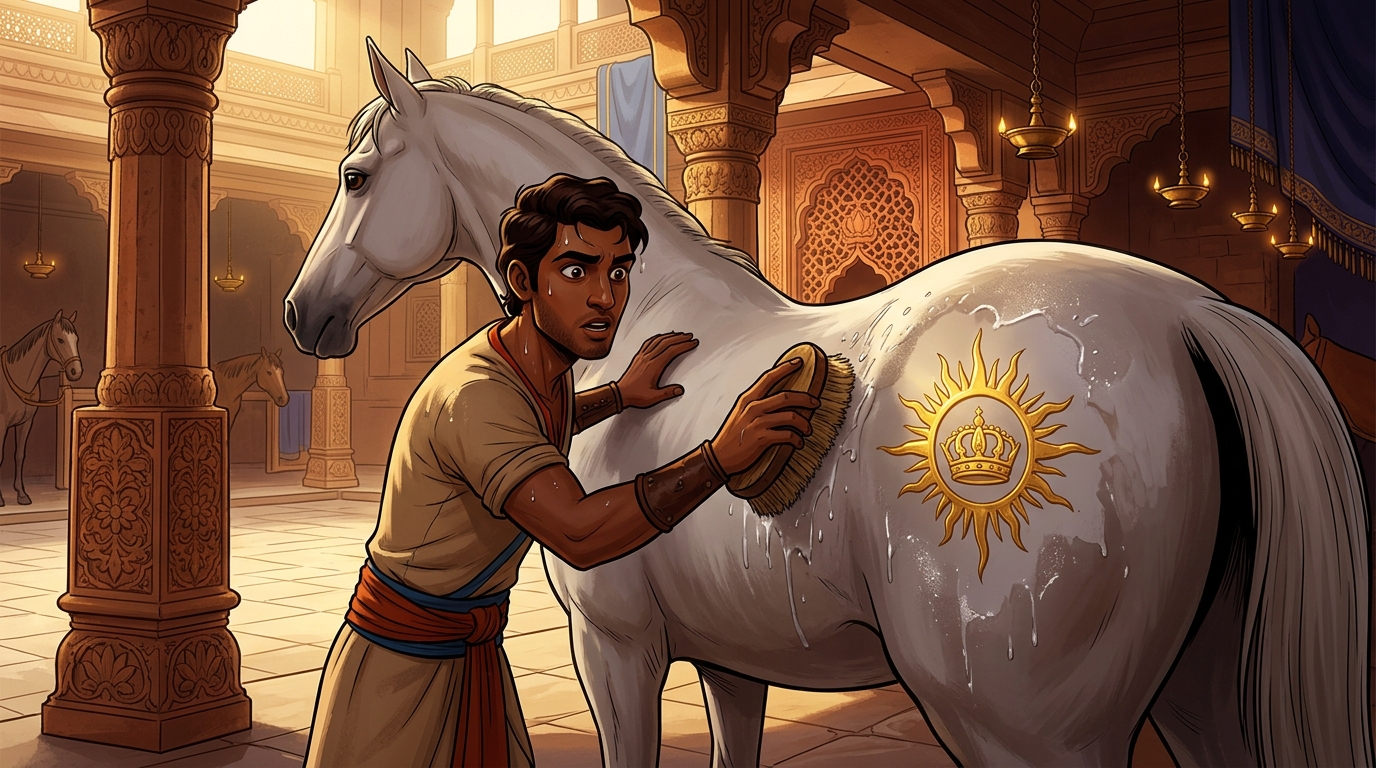 Jivaka scrubbing the horse's flank clean, revealing the King's golden solar royal brand