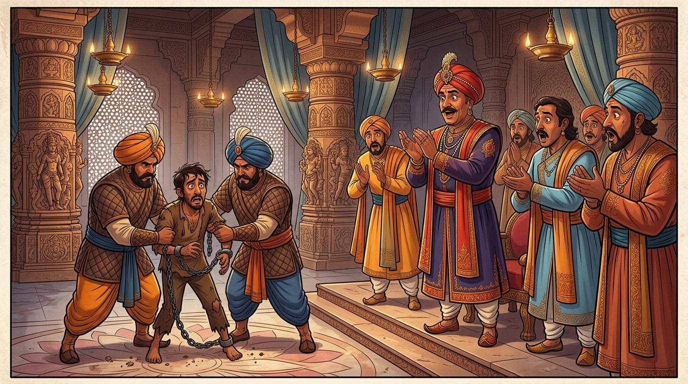 The King and ministers gasping in applause while guards arrest the trembling horse-thief