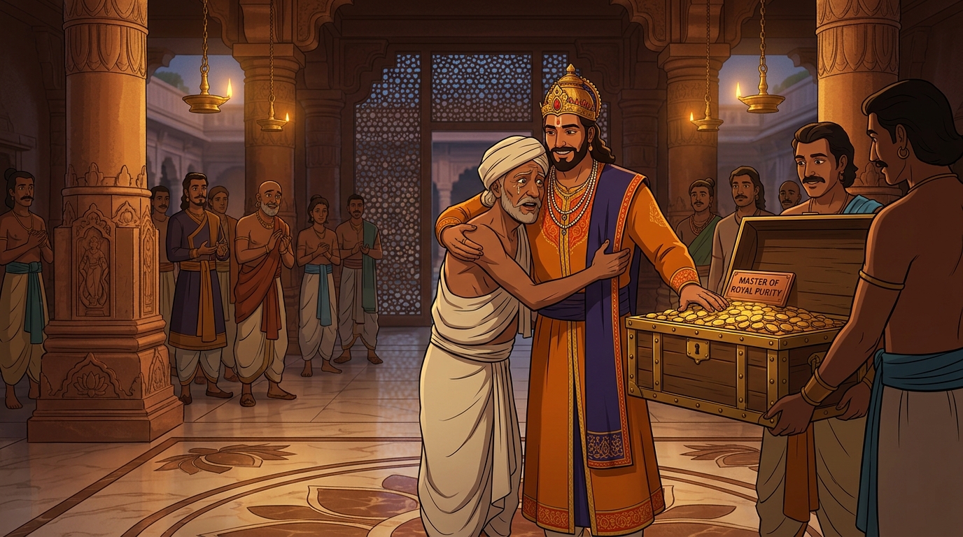 King Dharmaditya presenting a heavy chest of 1,000 gold dinars to humble washerman Jivaka