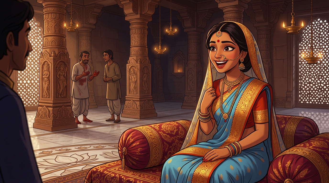 Prabhavati sitting on the bolsters, laughing in wonder at the foolish thief
