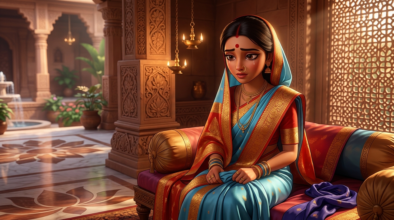 Prabhavati deep in introspection, realizing that the prince's romance is merely cheap dye