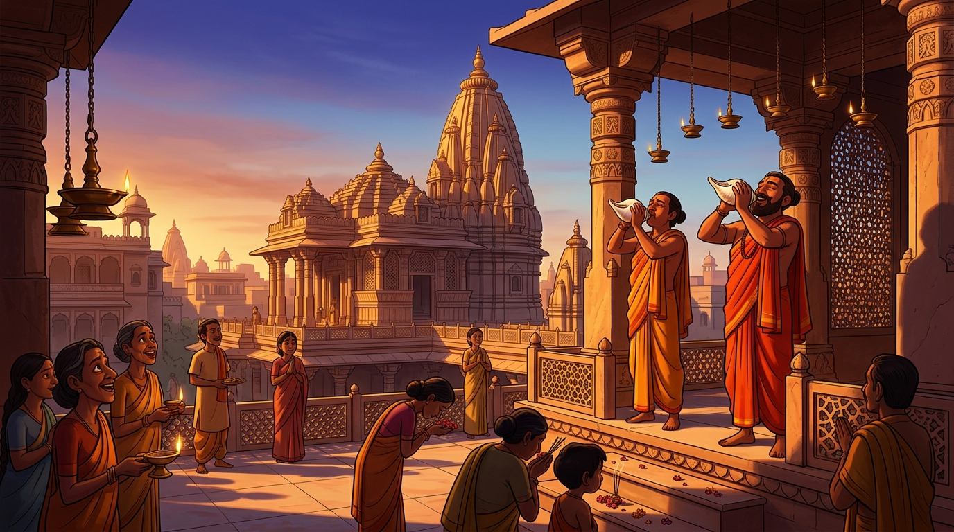 Golden dawn sunlight flooding across the Chandravati skyline as temple conches sound