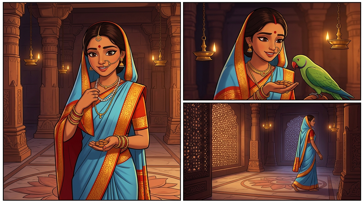 Prabhavati removing the pearl necklace, giving Shuka sweet almonds with deep gratitude, retreating