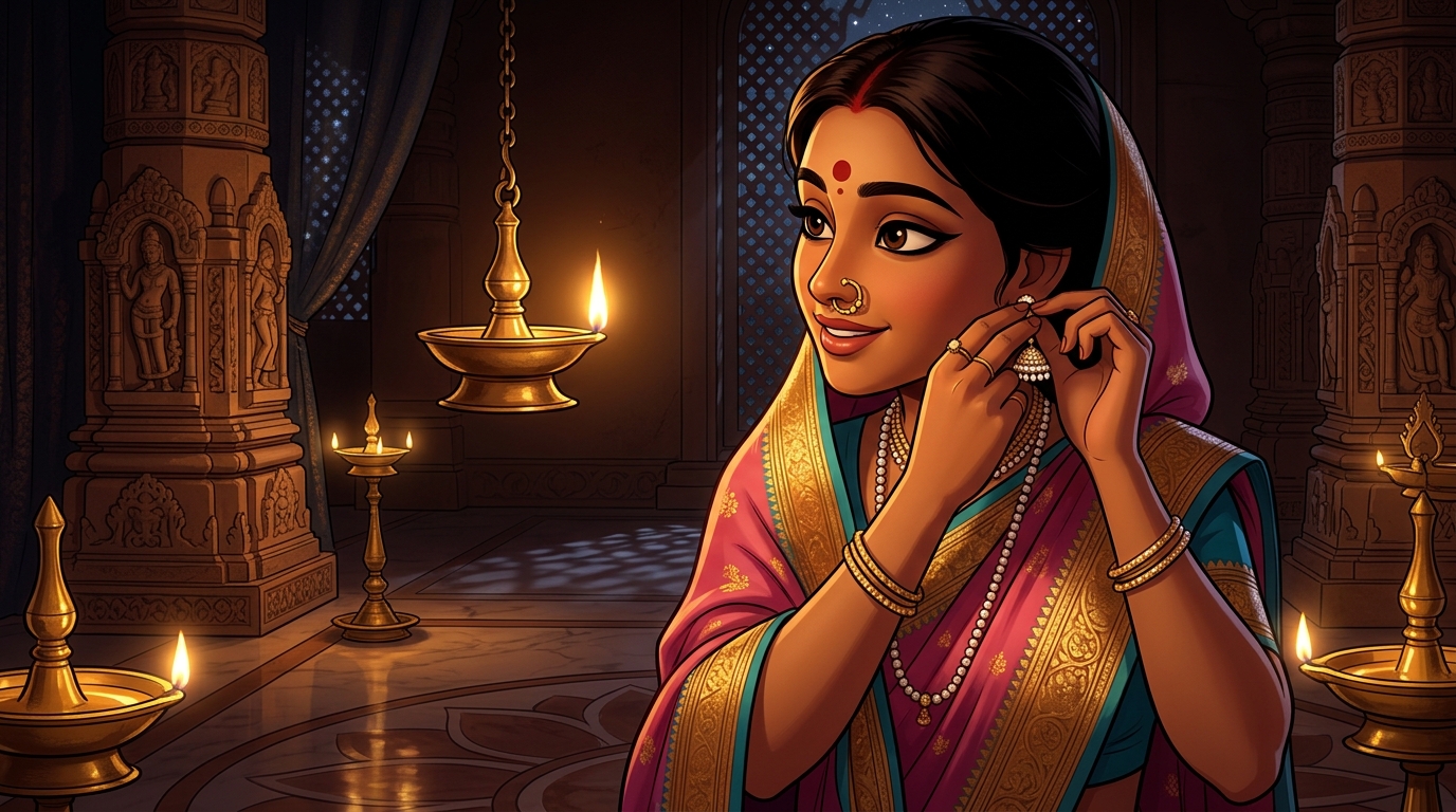 Prabhavati in rose-pink silk fastening the shimmering pearl jhumkas to her ears by candlelight