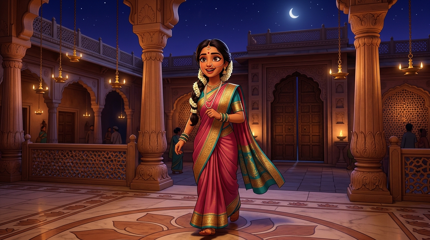 Prabhavati walking toward the courtyard gate with swift, eager steps under the moonlit sky
