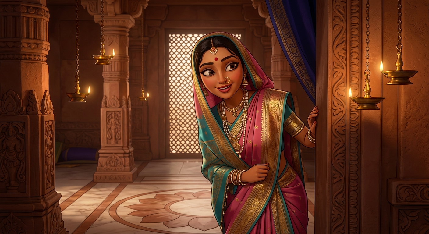 Prabhavati pausing on the doorstep with an amused smile