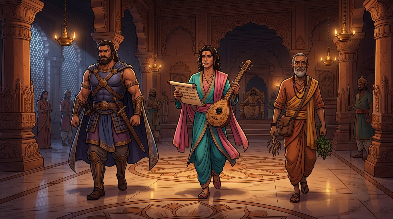 Three suitors stepping forward: warrior Gajendra, poet Kaviraja, and physician Jnanavanta