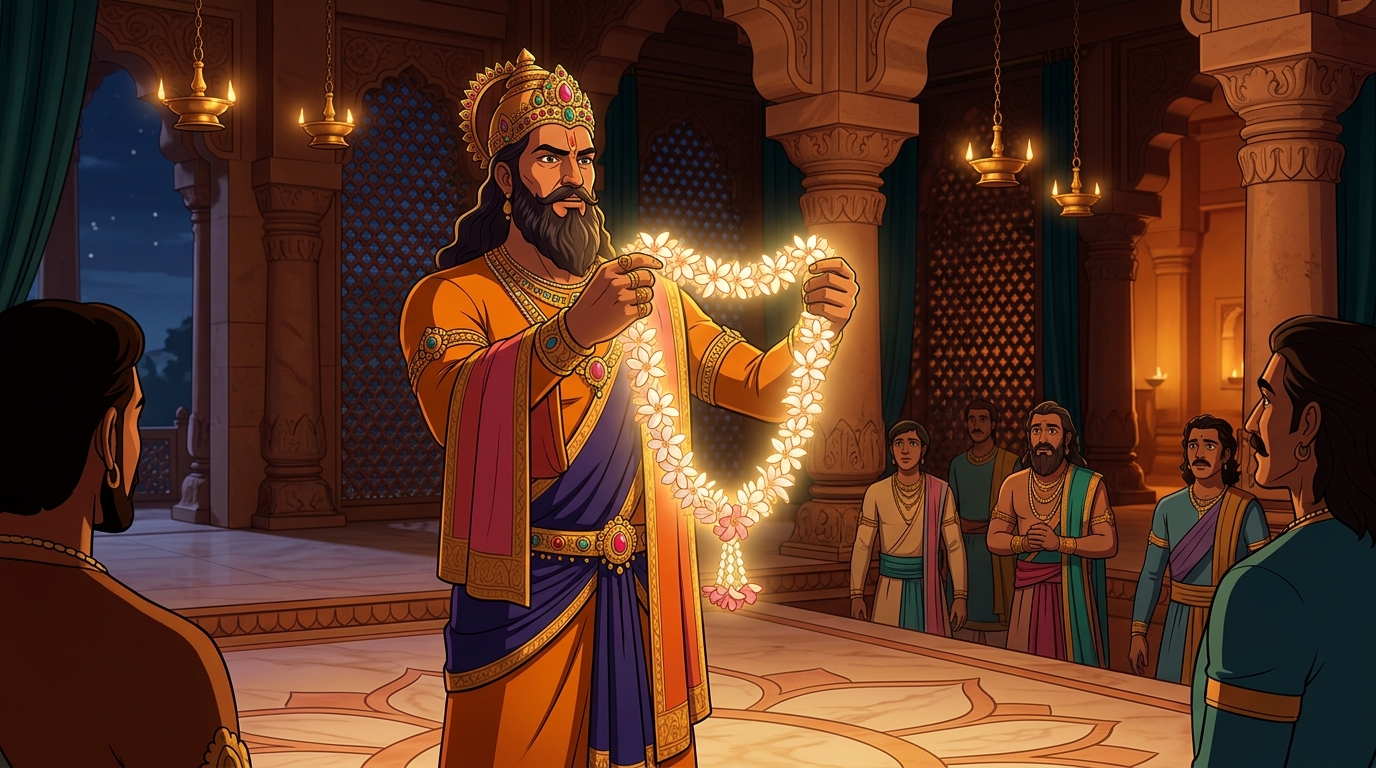 The King presenting a rare celestial Parijata flower garland glowing with golden aura