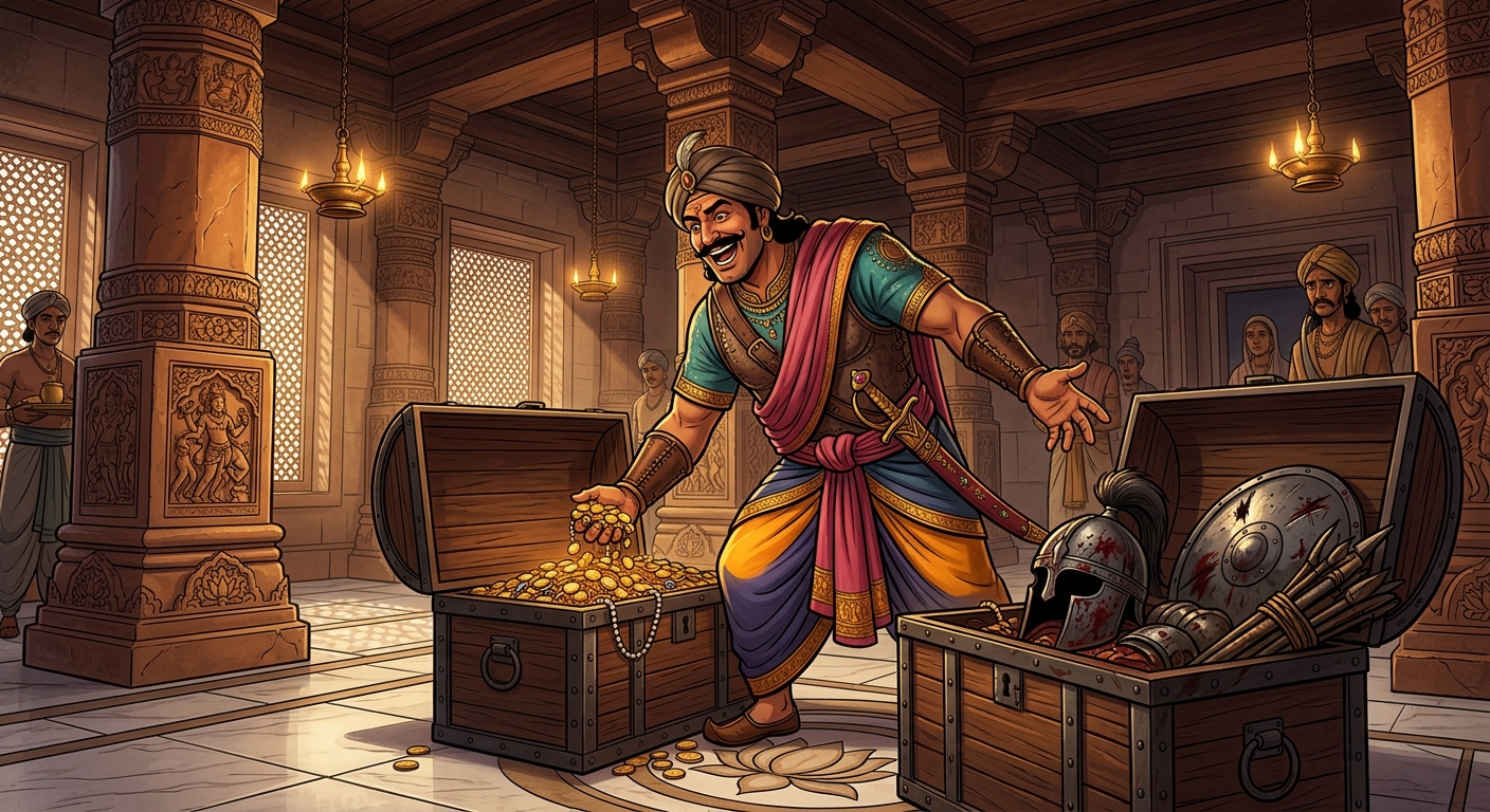 Warrior Gajendra opening heavy chests of gold and bloodstained war trophies, boasting of conquest