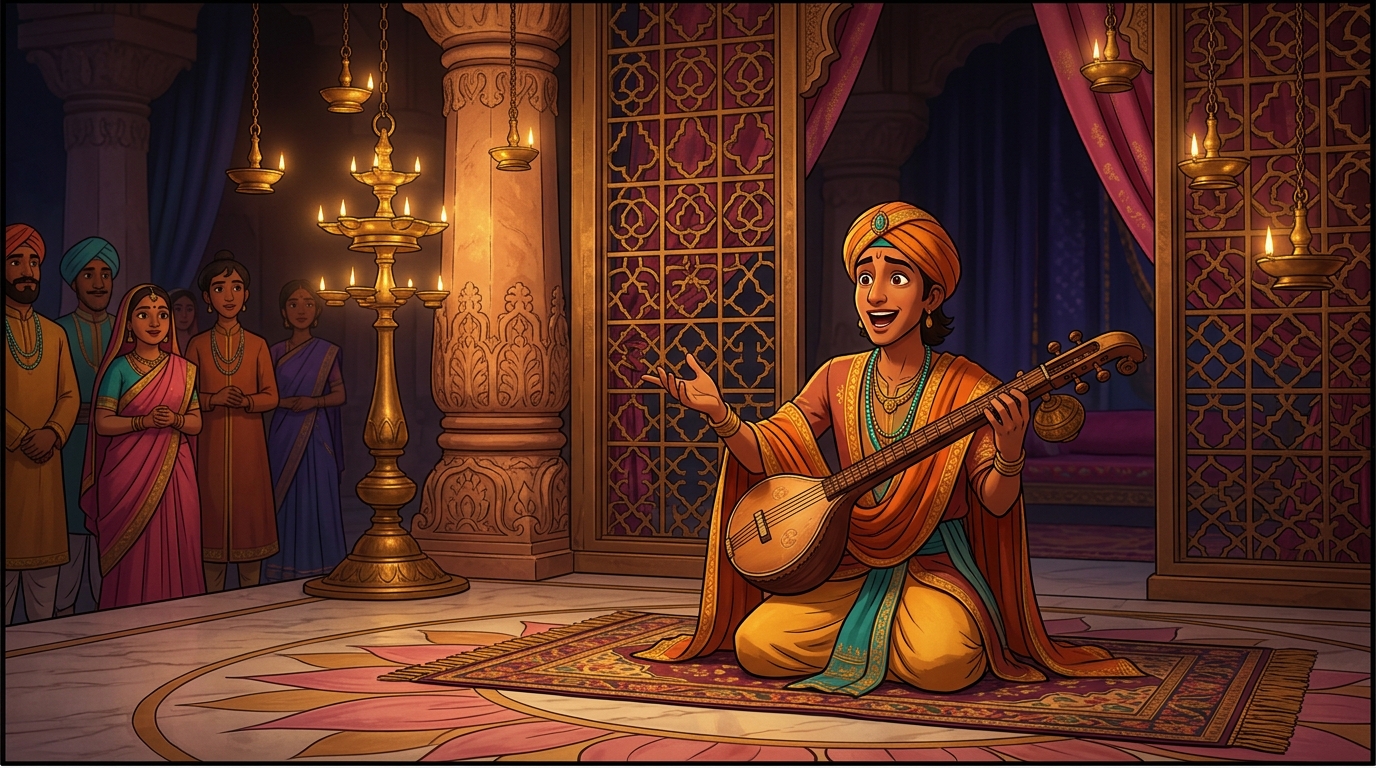 Court poet Kaviraja playing his lute, reciting exaggerated romantic verses praising her beauty