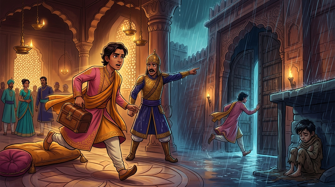 A guard announcing a sick orphan boy collapsed at the gates, physician Jnanavanta running out into the storm