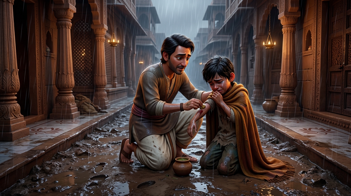 In the muddy street under heavy rain, Jnanavanta applying healing herbal paste to the orphan boy