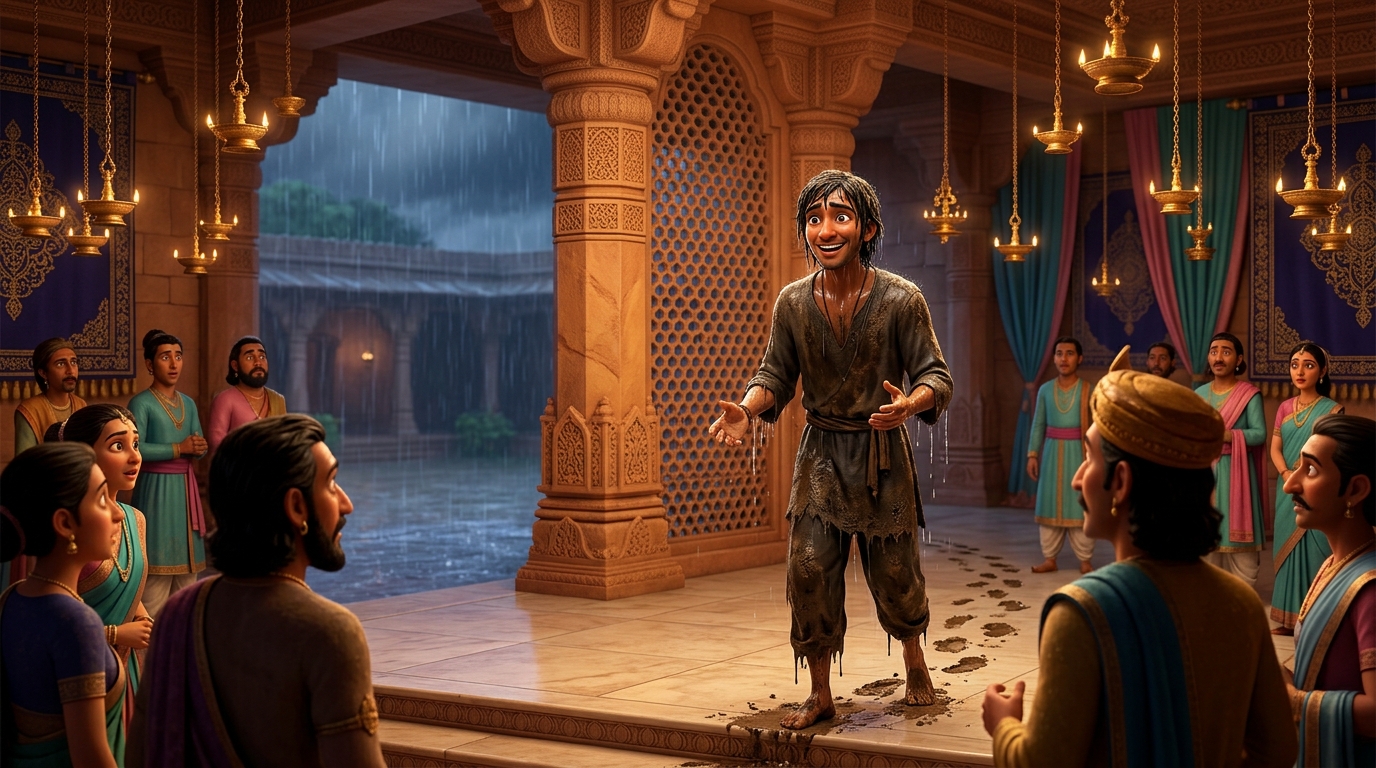 Jnanavanta returning to the court drenched in rain, with muddy clothes and a joyful smile
