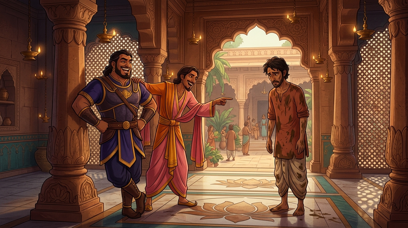 Warrior Gajendra and Poet Kaviraja mocking Jnanavanta's muddy clothes, laughing arrogantly