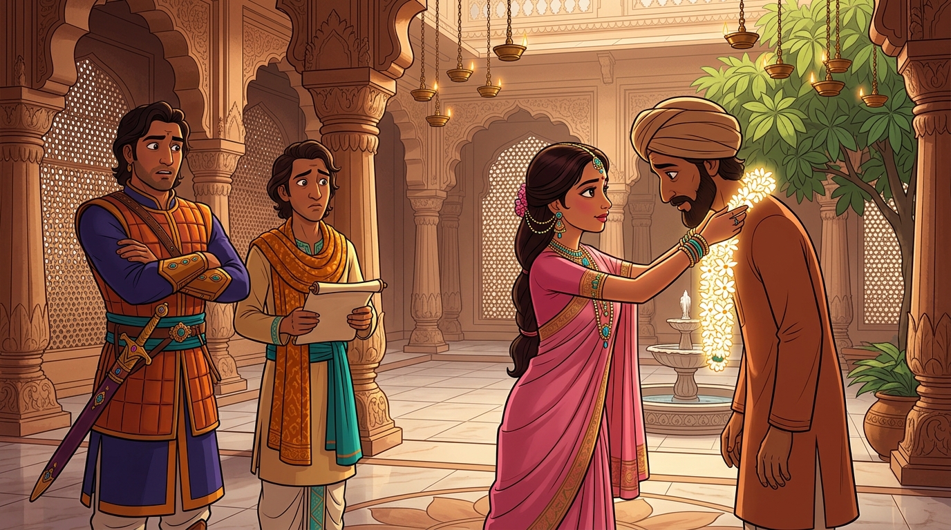 Princess Ratnavati placing the glowing celestial Parijata garland around physician Jnanavanta's neck