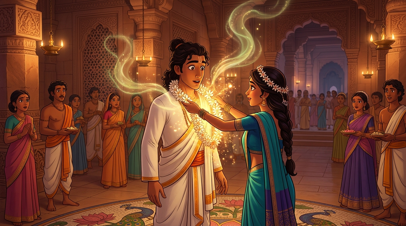 The Parijata flowers bursting into radiant golden light, releasing sweet heavenly perfume