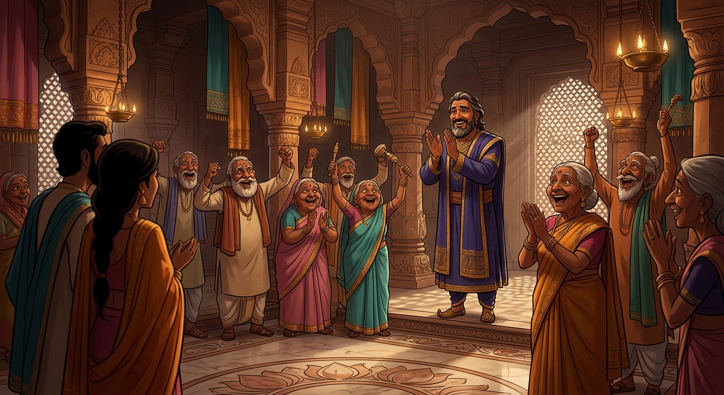 King Somaprabha and all elders cheering in thunderous joy, blessing the marriage