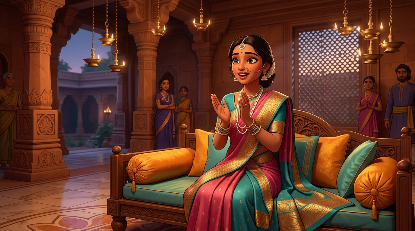Prabhavati sitting on the silk cushions, clapping in wonder at the power of compassion