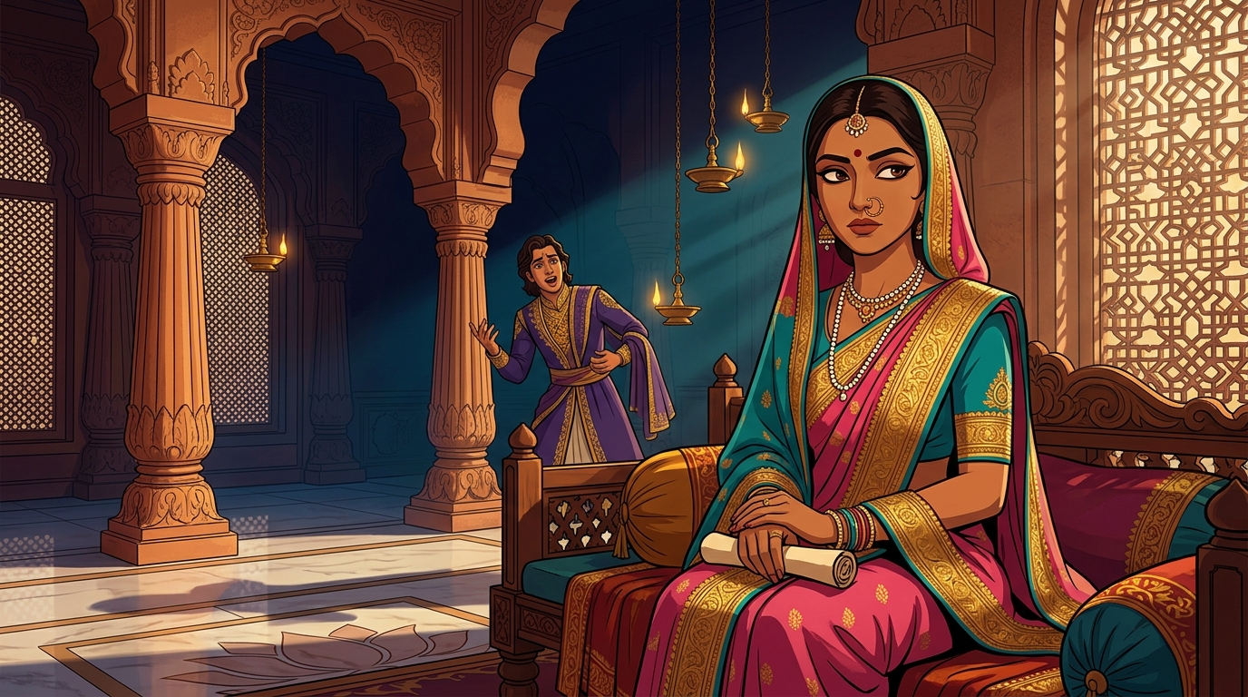 Prabhavati in deep philosophical contemplation, seeing through the prince's hollow poems