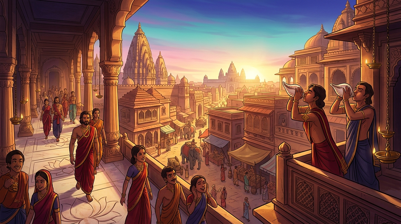 Golden dawn sunlight flooding across the sandstone arches as temple conches sound