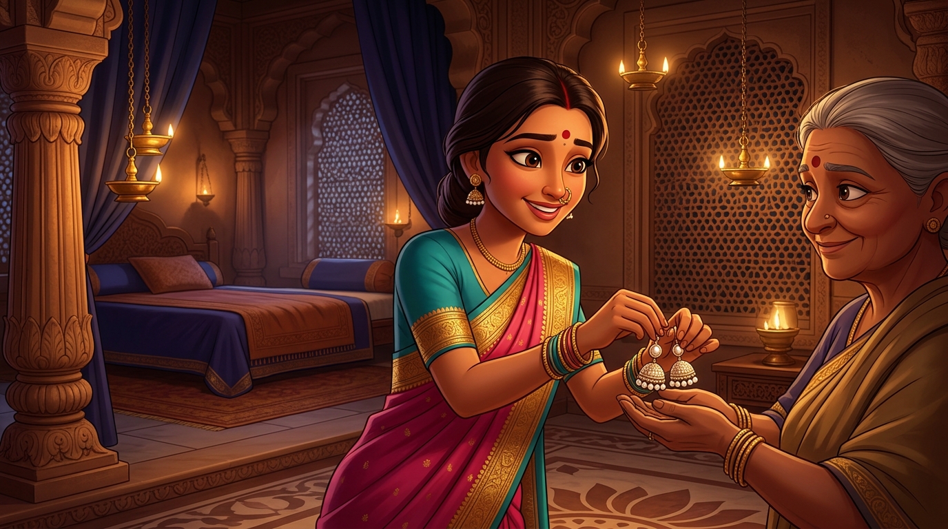 Prabhavati removing the pearl jhumkas, handing them to Shuka with deep gratitude, retreating