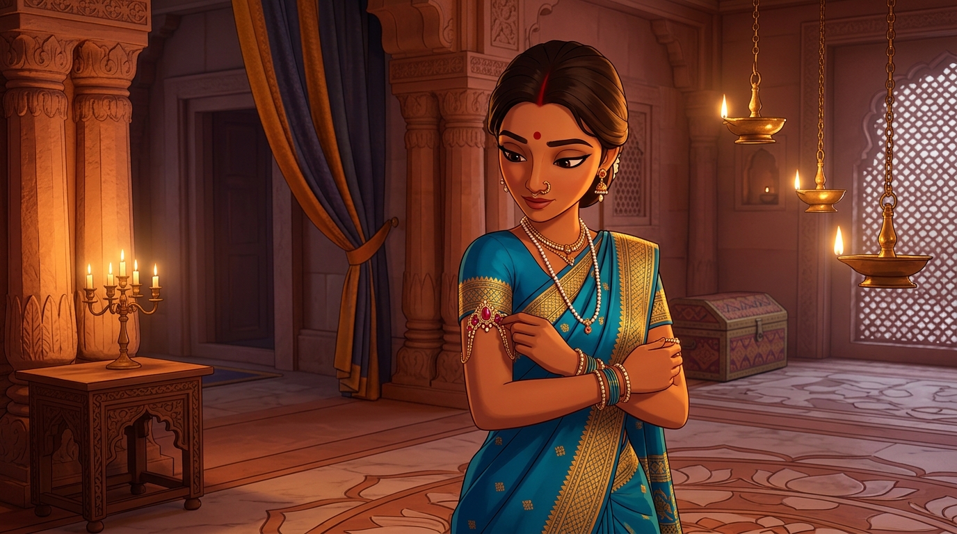 Prabhavati in turquoise-blue silk fastening the glittering ruby armlet onto her upper arm by candlelight