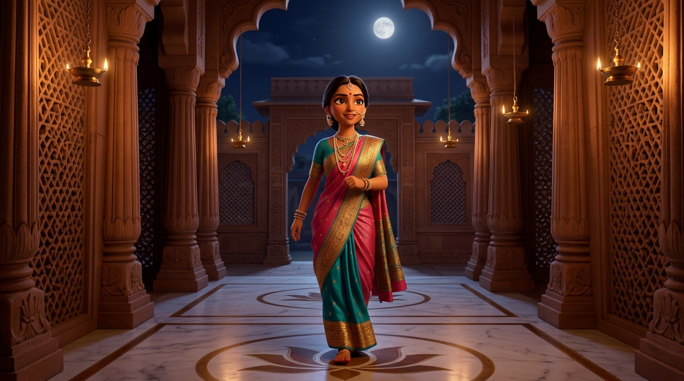 Prabhavati stepping toward the courtyard gate with swift, confident steps under the moonlit sky