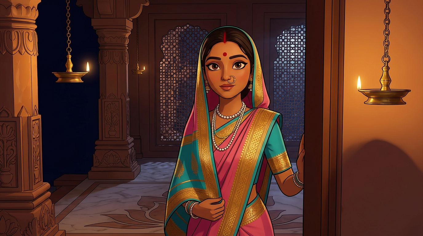 Prabhavati pausing on the doorstep with an amused smile
