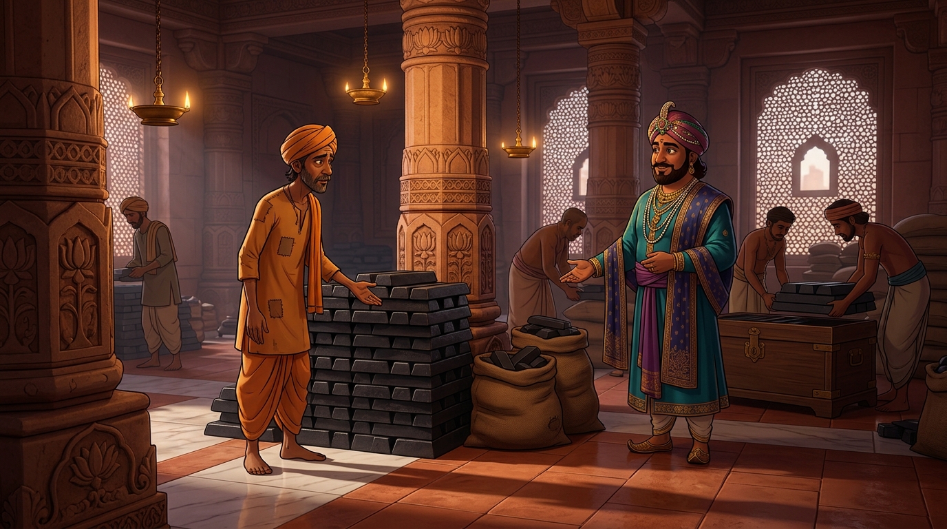 In ancient Ayodhya, poor merchant Jirnadhana depositing 500 iron ingots with wealthy friend Dhaneshwara