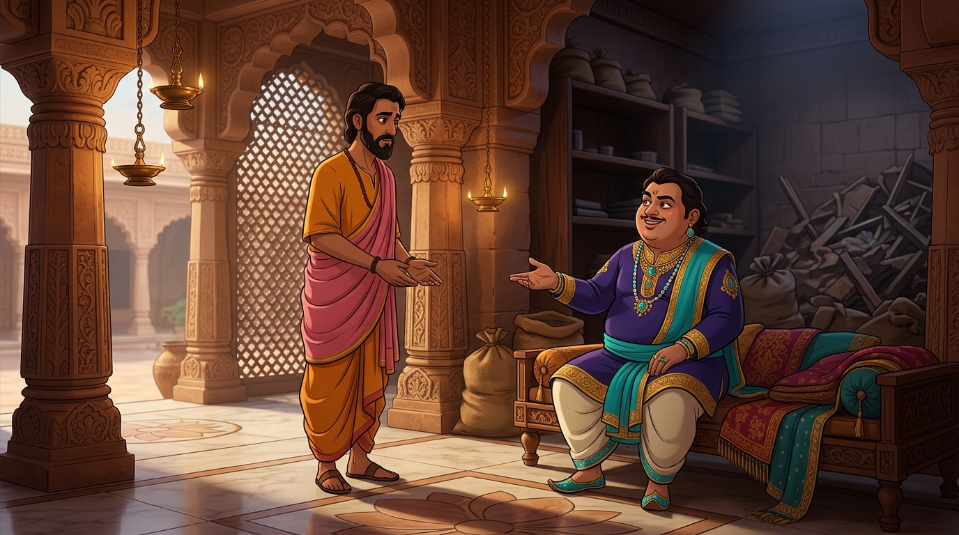 Years later, Jirnadhana returns and asks for his iron. Dhaneshwara smirks deceitfully
