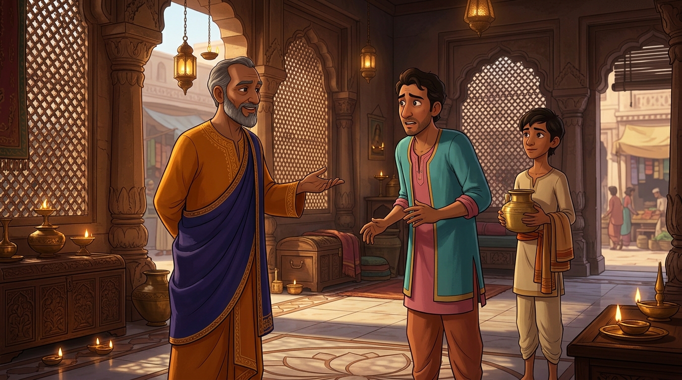 Jirnadhana smiles calmly without anger, asking the friend's son to accompany him to the river