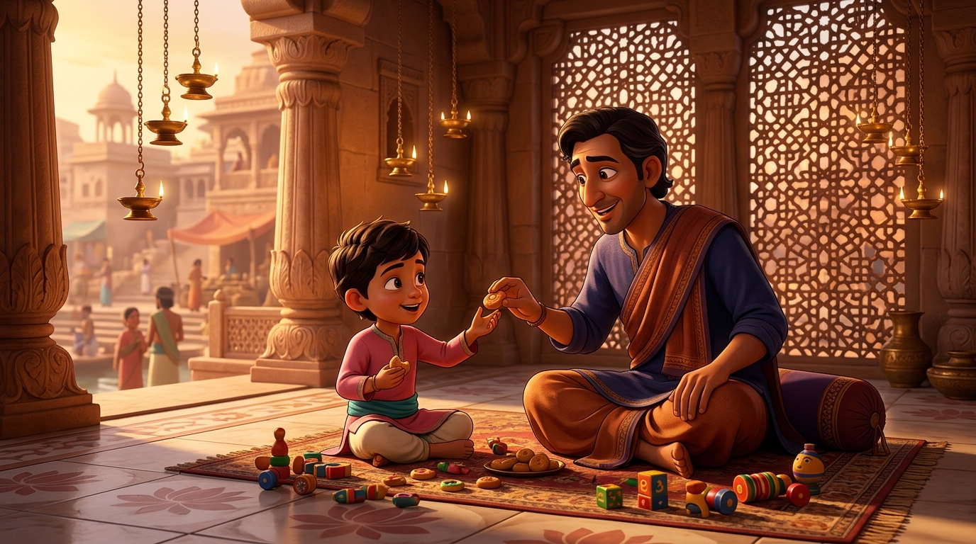 At the river ghat, Jirnadhana taking the boy to a safe house of a trusted relative with sweetmeats