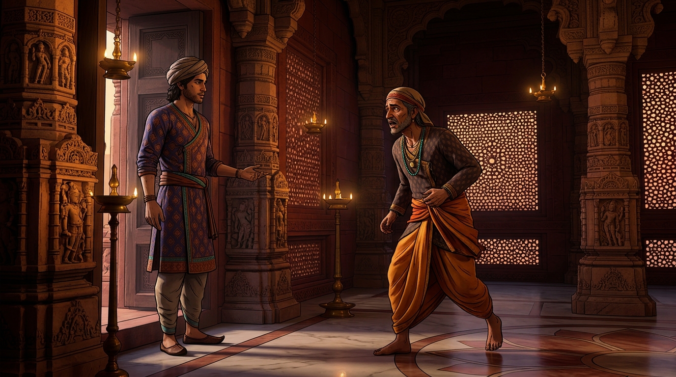 Jirnadhana returning alone to Dhaneshwara's house, Dhaneshwara panicking
