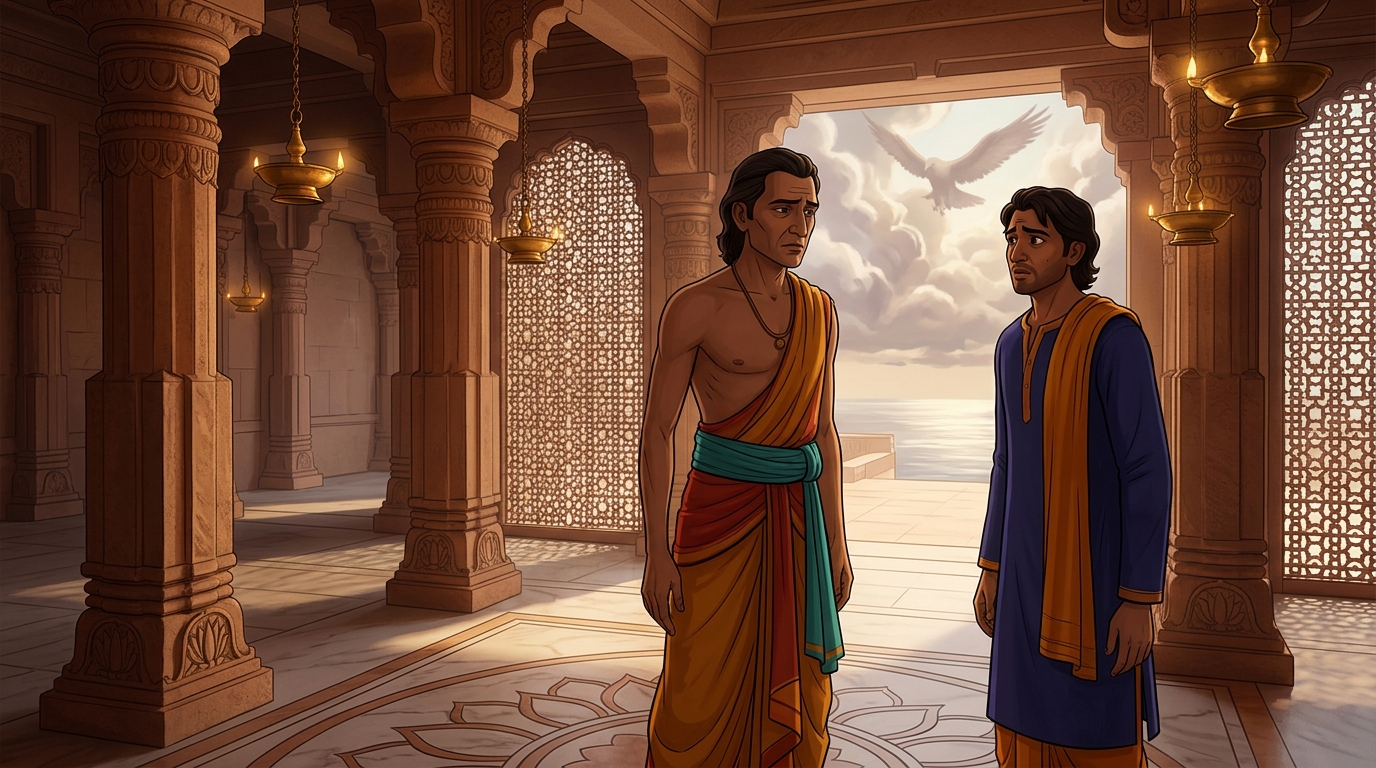 Jirnadhana sighing with a straight face: 'A colossal hawk carried your son away into the clouds!'