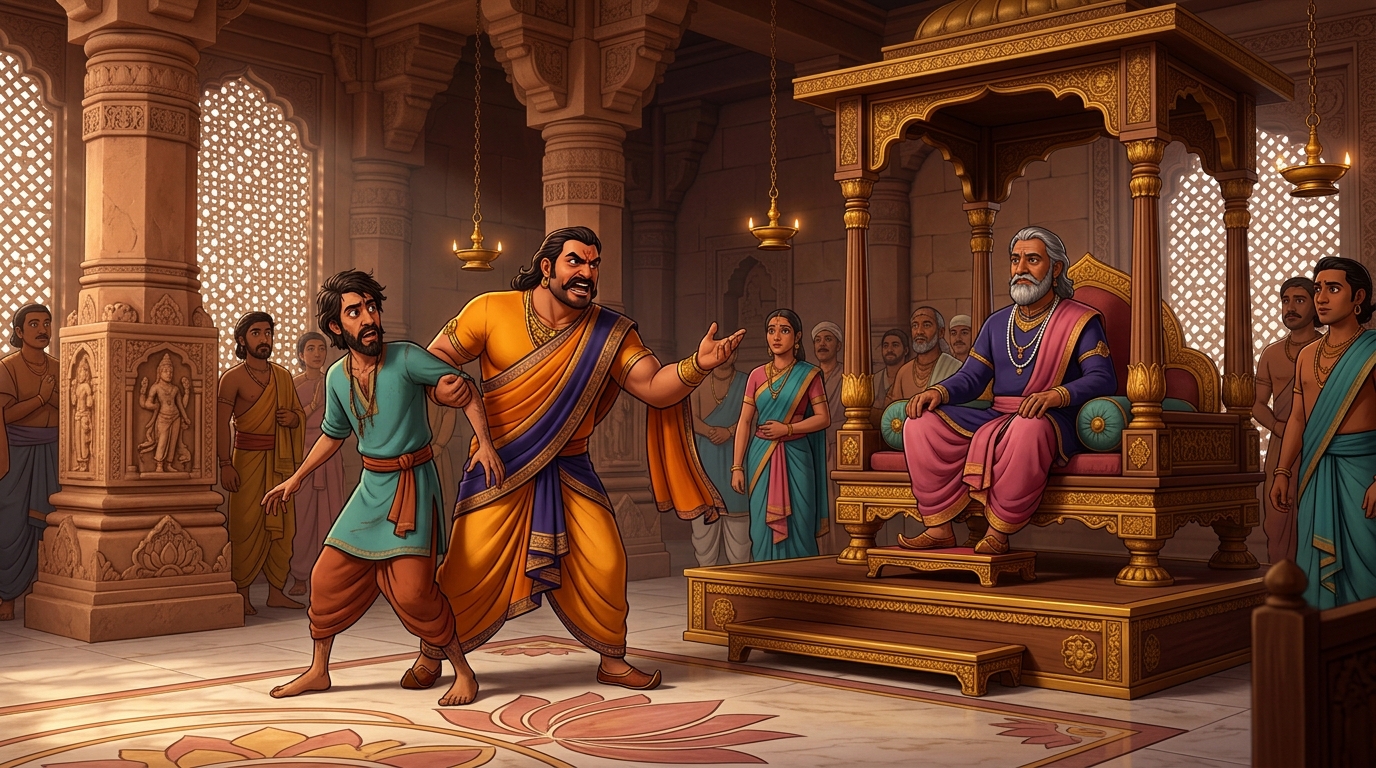Dhaneshwara dragging Jirnadhana before Judge Dharmakirti in the grand courtroom