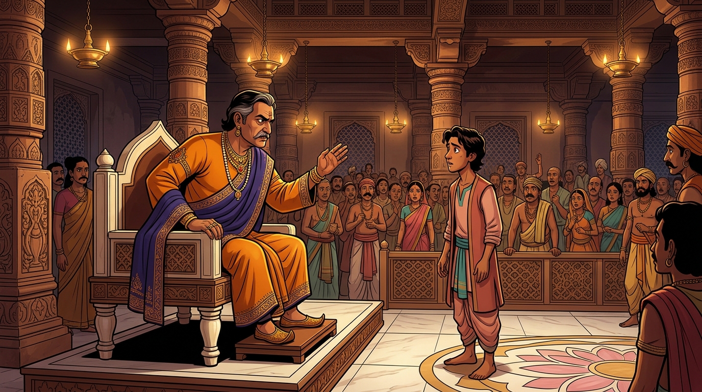 Judge Dharmakirti looking sternly at Jirnadhana in the crowded courtroom