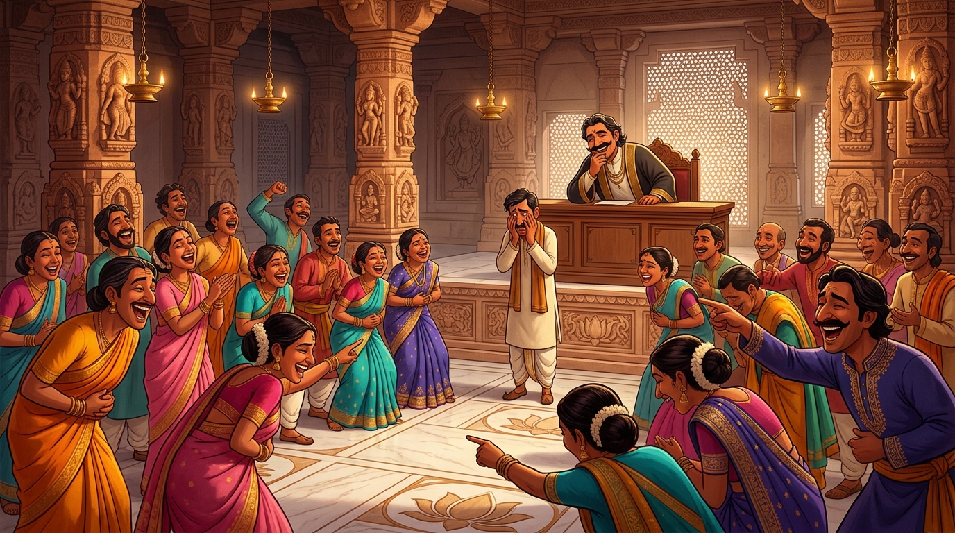 The entire royal court and Judge Dharmakirti bursting into roaring laughter