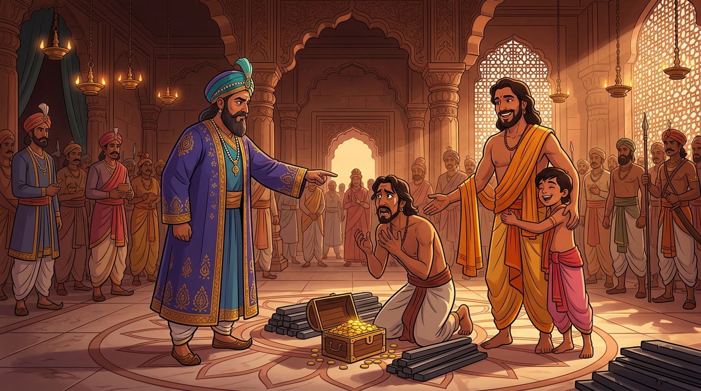 The judge ordering Dhaneshwara to return the iron bars plus 100 gold coins